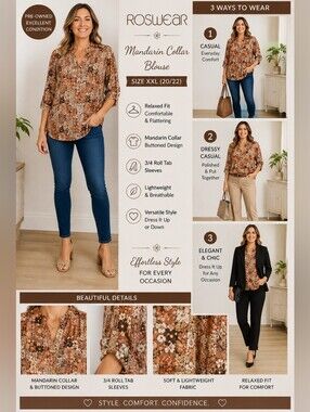 Roswear Brown Mandarin Collar Blouse 3/4 Sleeve Relaxed Fit Women’s XXL